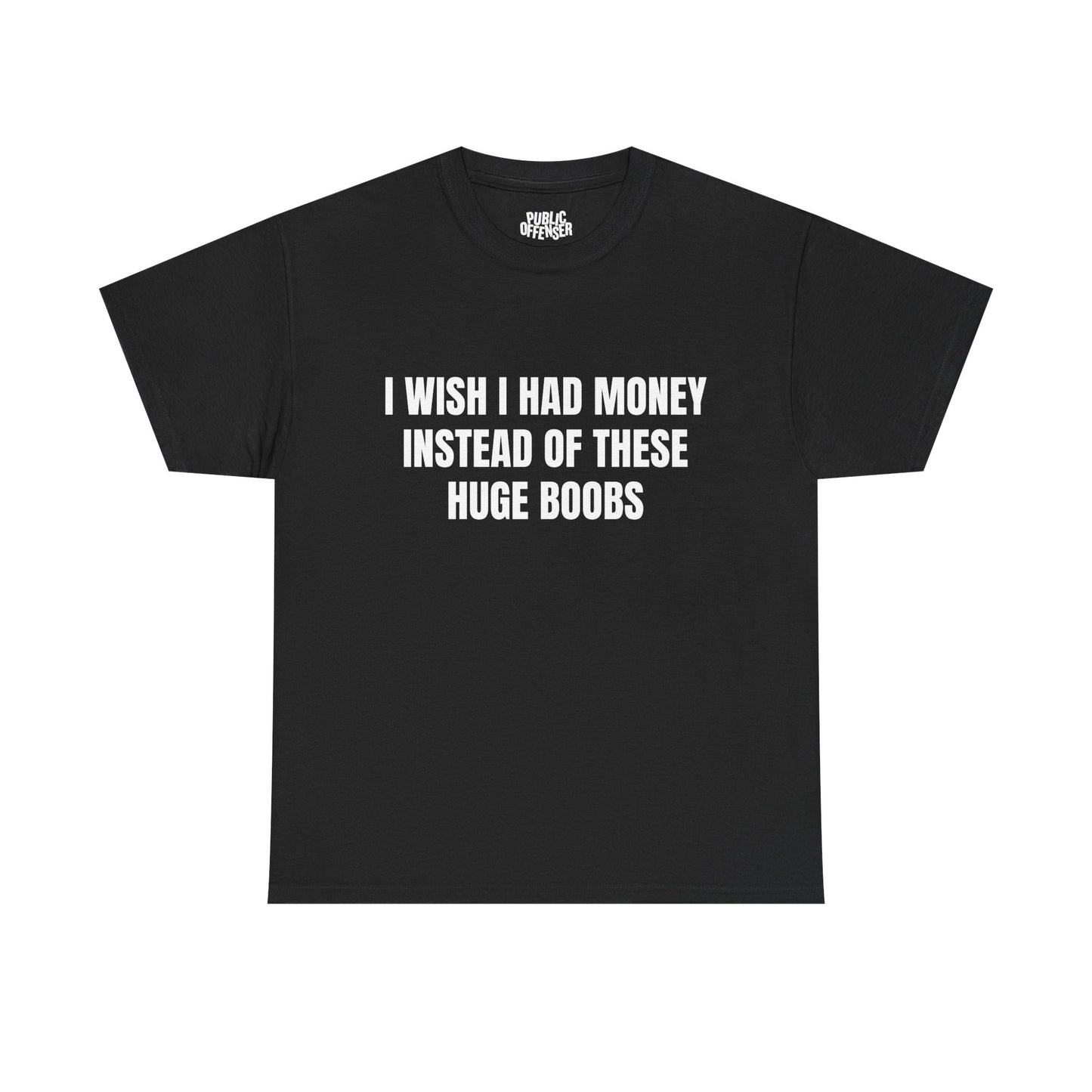 Huge Boobs funny adult humor novelty t-shirt front view, heavy cotton unisex tee