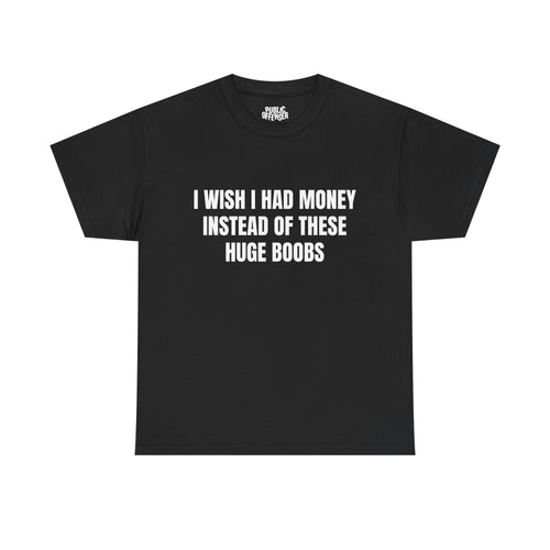 Huge Boobs funny adult humor novelty t-shirt front view, heavy cotton unisex tee