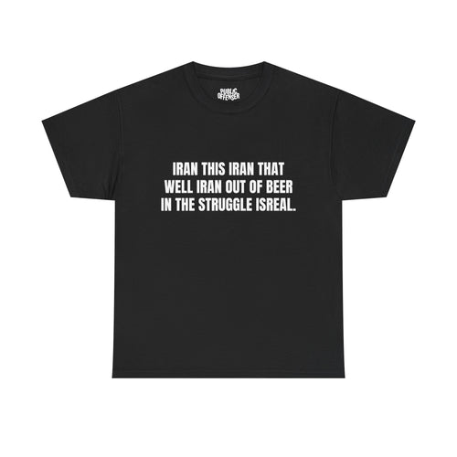 Out Of Beer funny drinking t-shirt front view, heavy cotton unisex tee