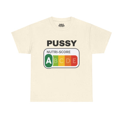 Pussy Nutri-Score funny adult humor parody label t-shirt alternate color, heavy cotton unisex tee